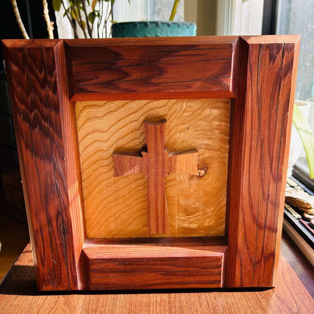 Vintage religious floating cross wood wooden frame 
Wall art decor
